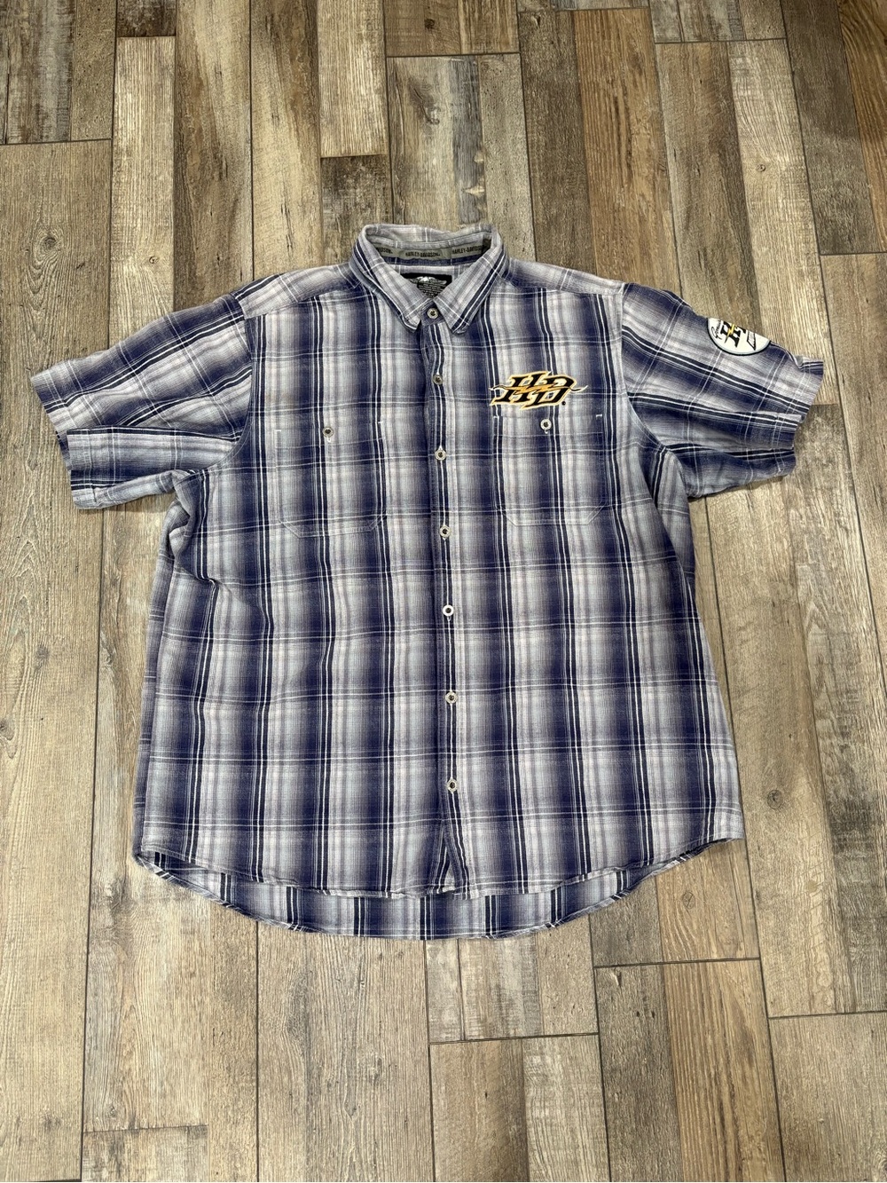 Harley-Davidson Blue and Gray Plaid Short-Sleeve Button-Up Shirt